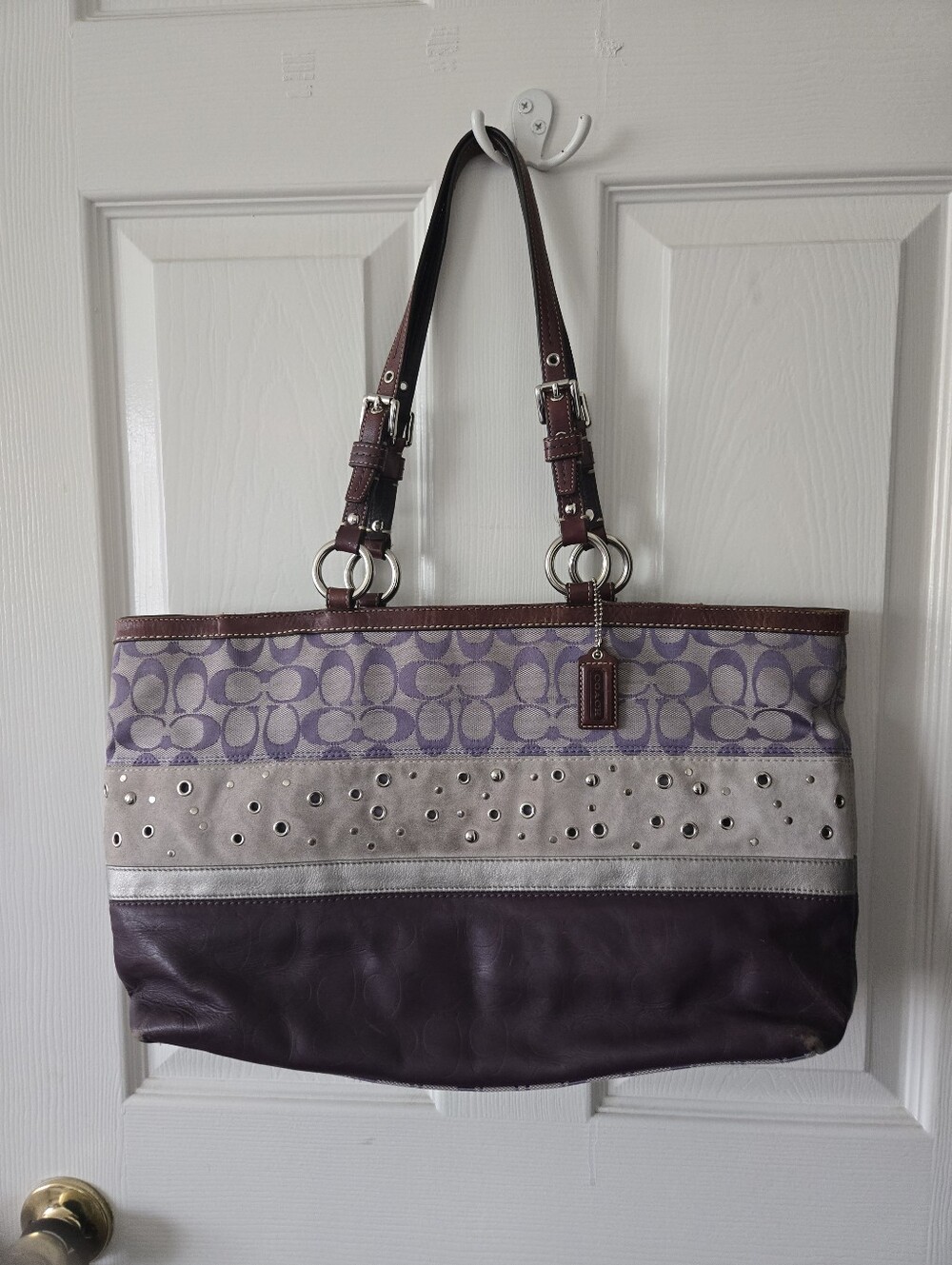 Vintage Coach Purple and Gray Studded Shoulder Bag